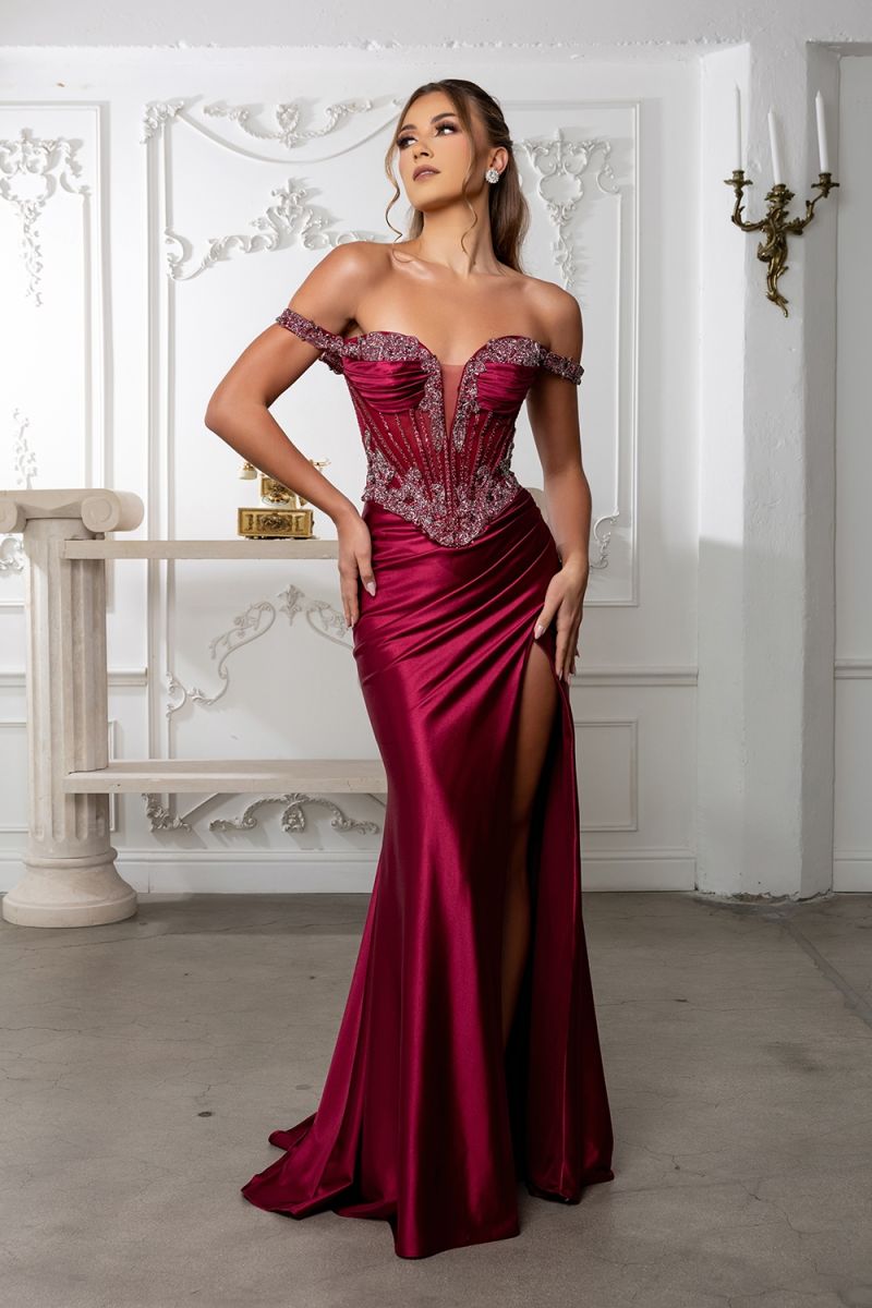 Off Shoulder Slit Gown by May Queen RQ8227