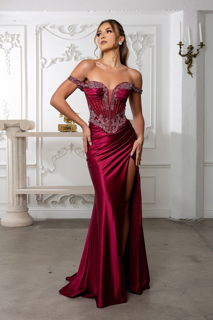 Off Shoulder Slit Gown by May Queen RQ8227