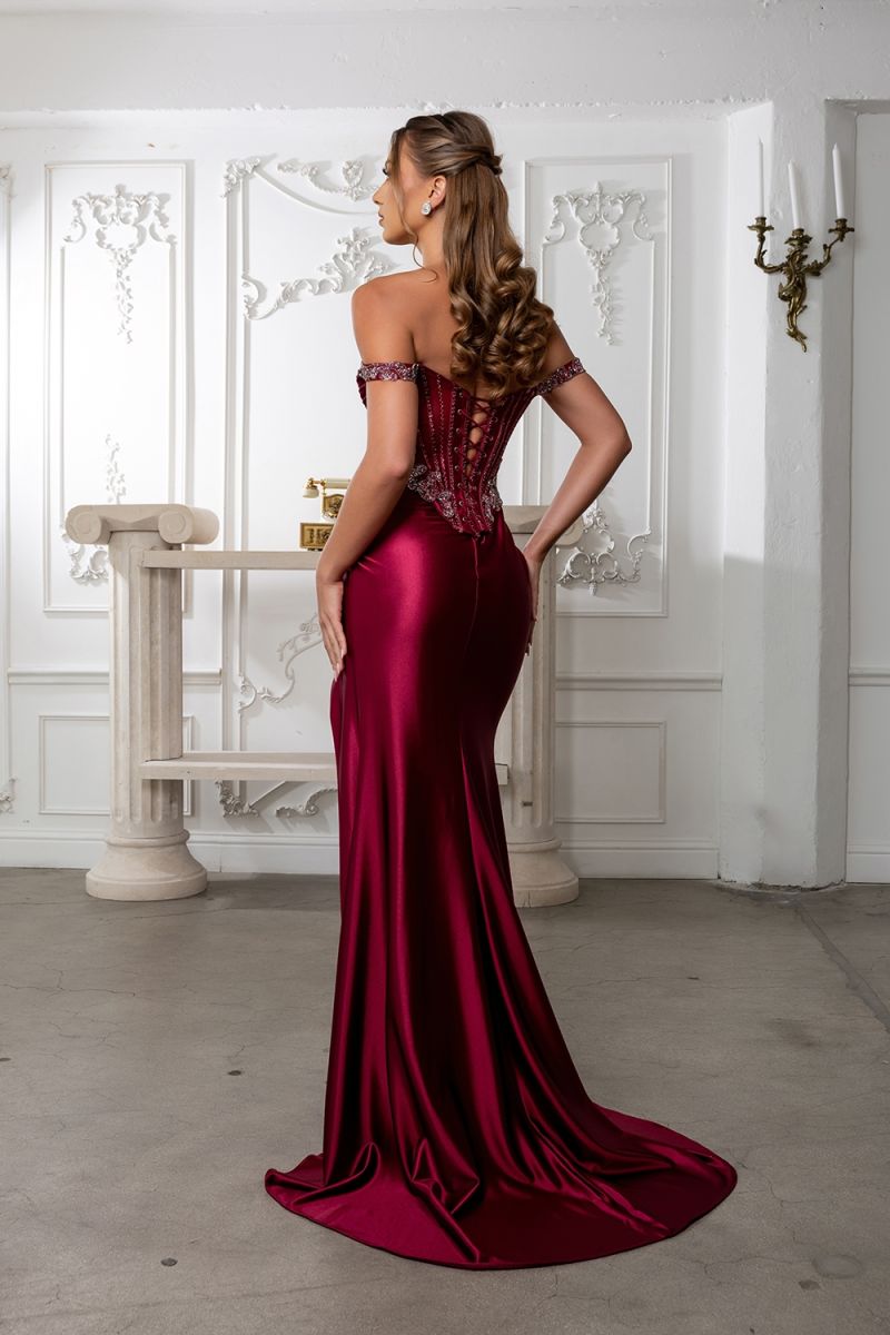 Off Shoulder Slit Gown by May Queen RQ8227