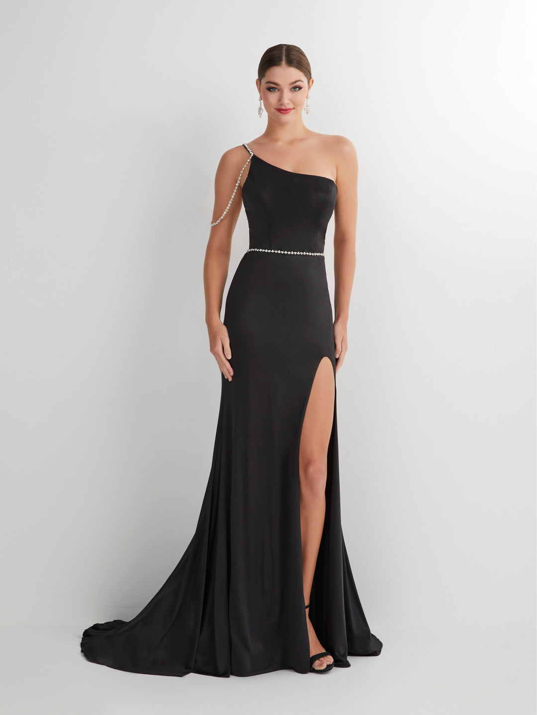 Beaded Jersey One Shoulder Slit Gown by Studio 17 12887