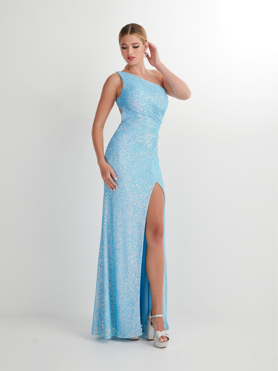 Fitted Sequin One Shoulder Slit Gown by Studio 17 12889