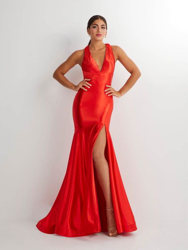 Fitted Satin V-Neck Slit Gown by Studio 17 12890