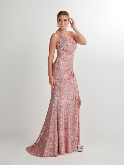 Fitted Sequin One Shoulder Slit Gown by Studio 17 12906