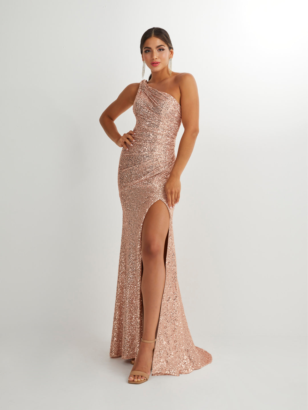 Fitted Sequin One Shoulder Slit Gown by Studio 17 12906
