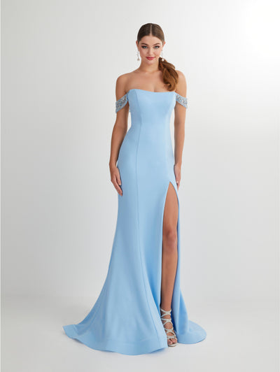 Fitted Crepe Of Shoulder Slit Gown by Studio 17 12907