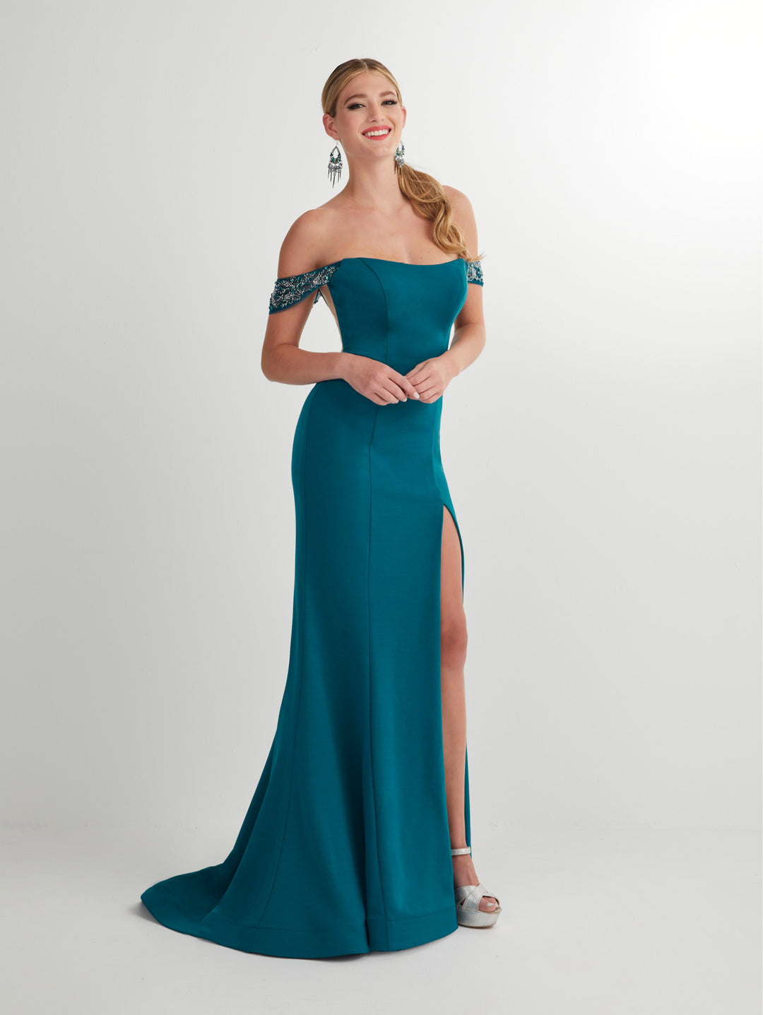 Fitted Crepe Of Shoulder Slit Gown by Studio 17 12907