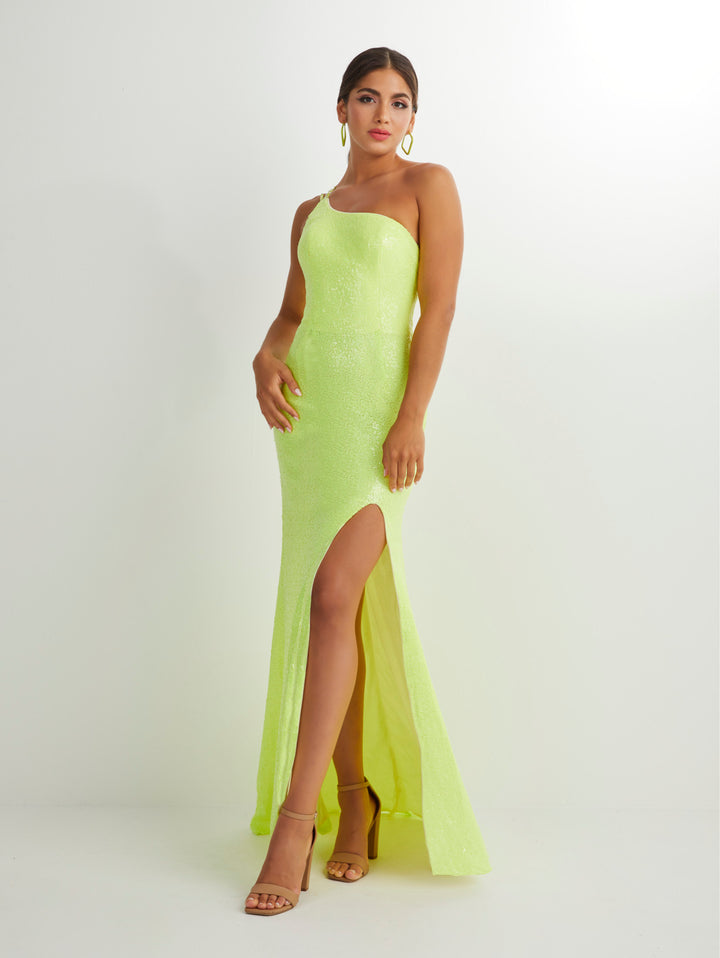 Fitted Sequin One Shoulder Slit Gown by Studio 17 12908