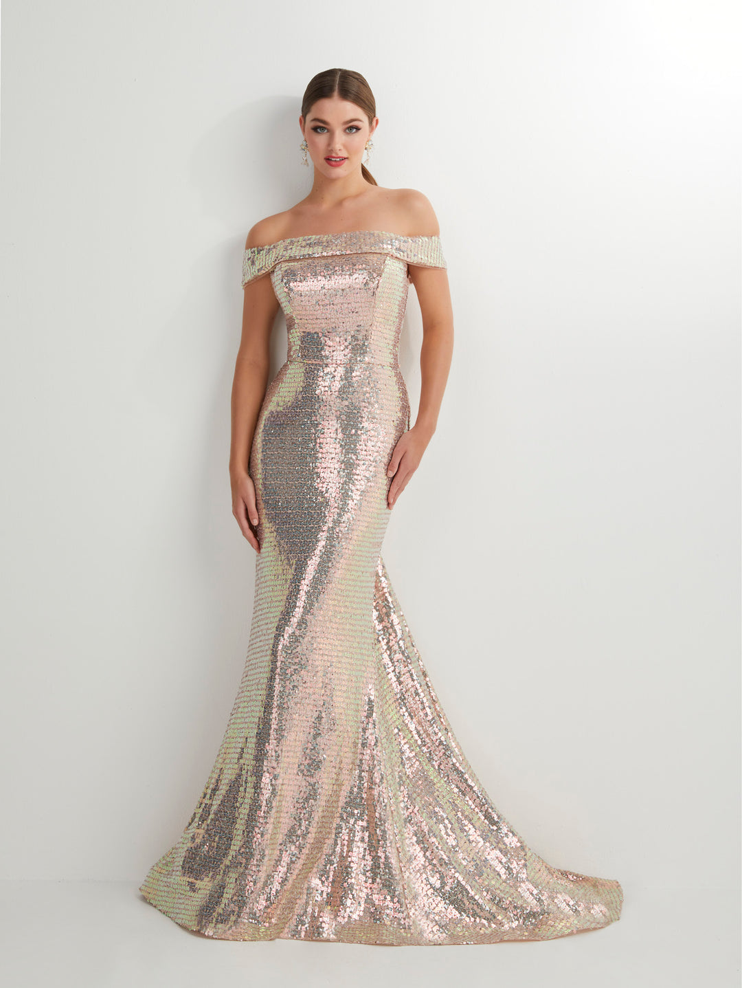Fitted Long Off Shoulder Sequin Dress by Studio 17 12911