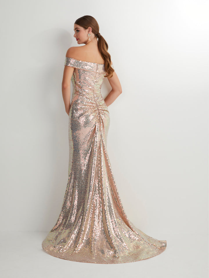 Fitted Long Off Shoulder Sequin Dress by Studio 17 12911