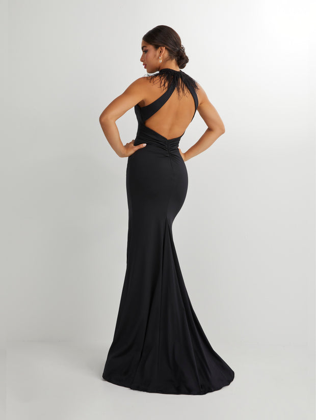 Fitted Halter Feather Jersey Gown by Studio 17 12913