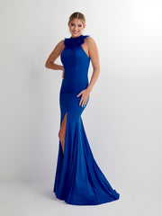 Fitted Halter Feather Jersey Gown by Studio 17 12913