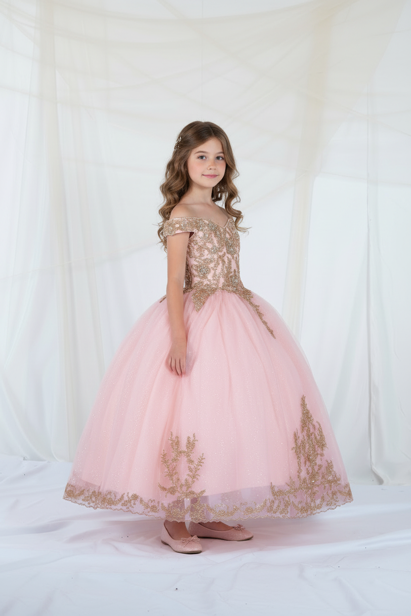 Girls Applique Off Shoulder Gown by Calla SCK-318
