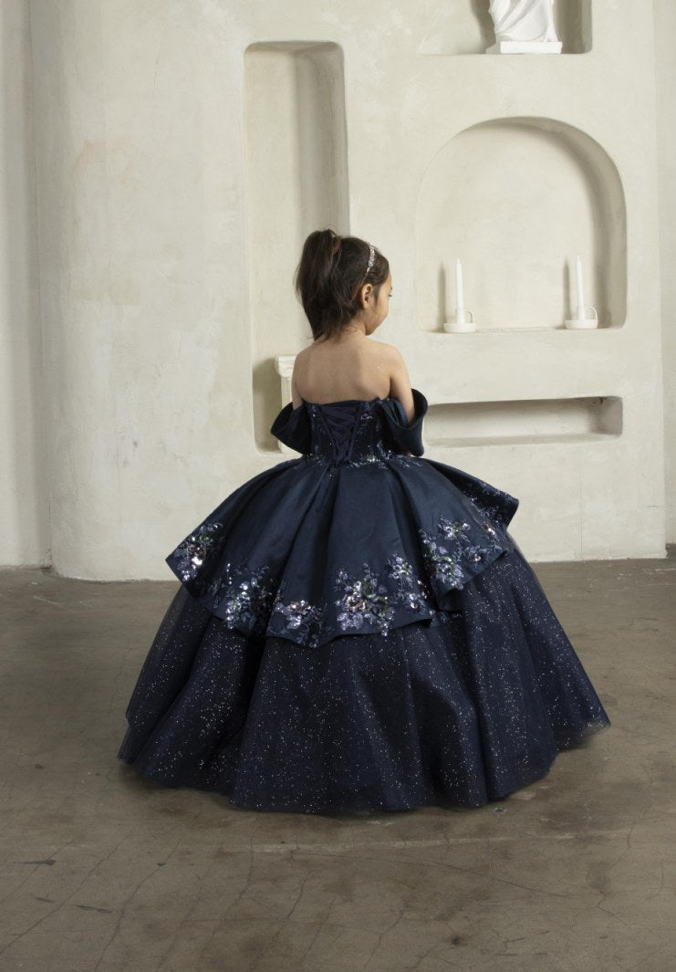 Girls Beaded Off Shoulder Gown by Calla SCK-327 4 / Navy