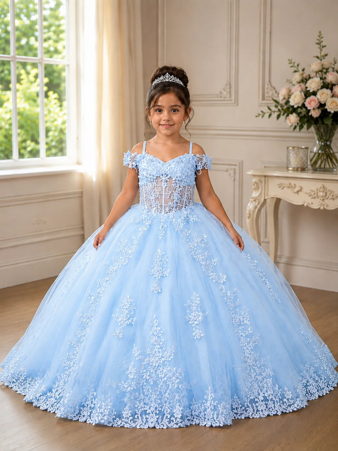 Girls Applique Cold Shoulder Gown by Calla SCK-340