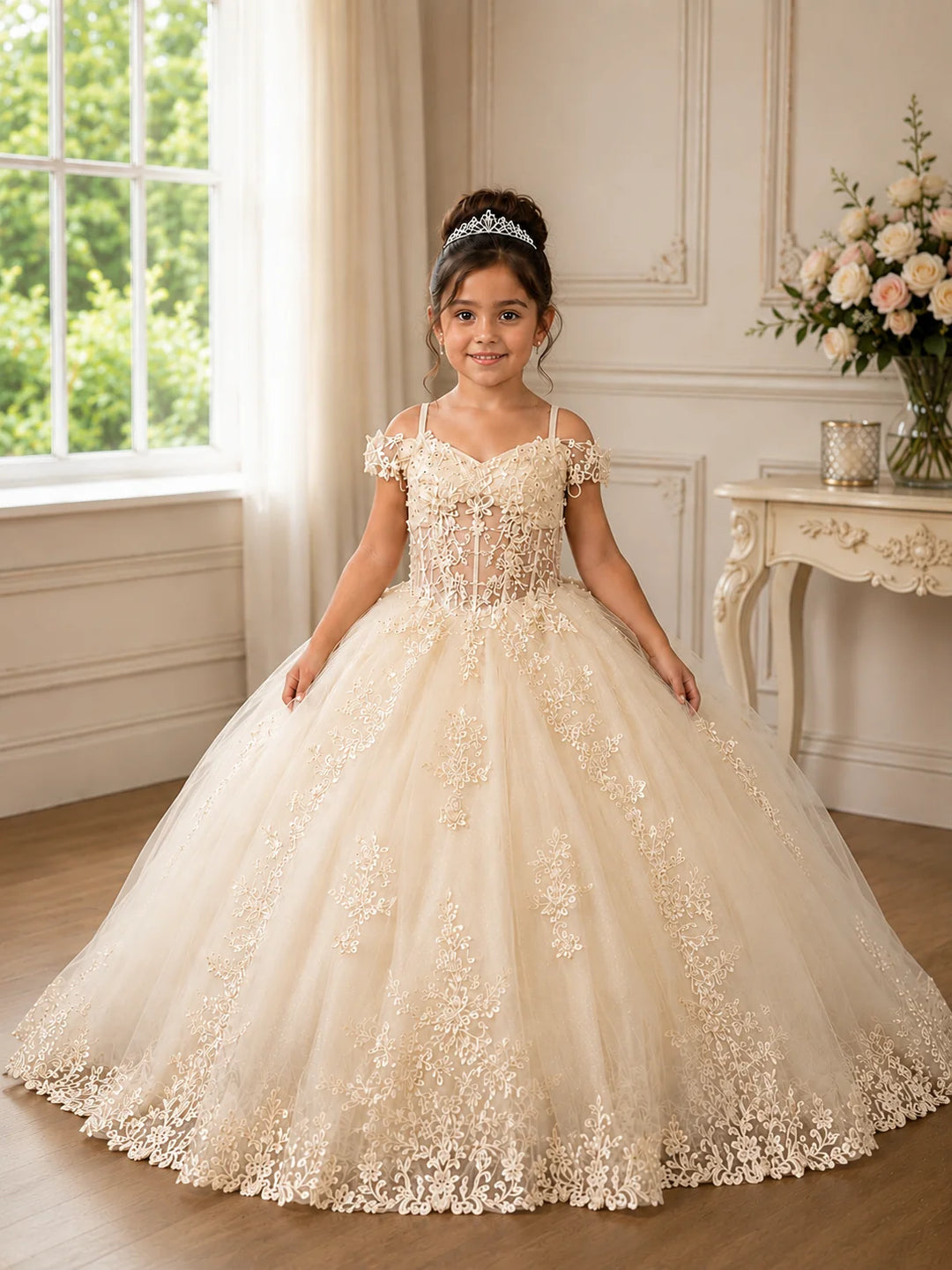 Girls Applique Cold Shoulder Gown by Calla SCK-340