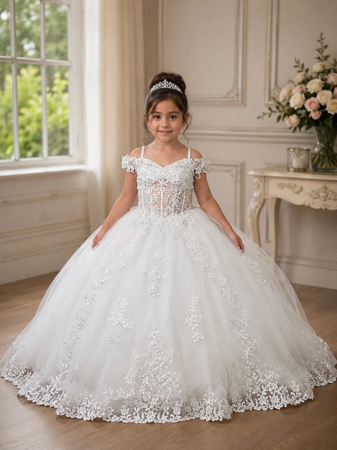 Girls Applique Cold Shoulder Gown by Calla SCK-340