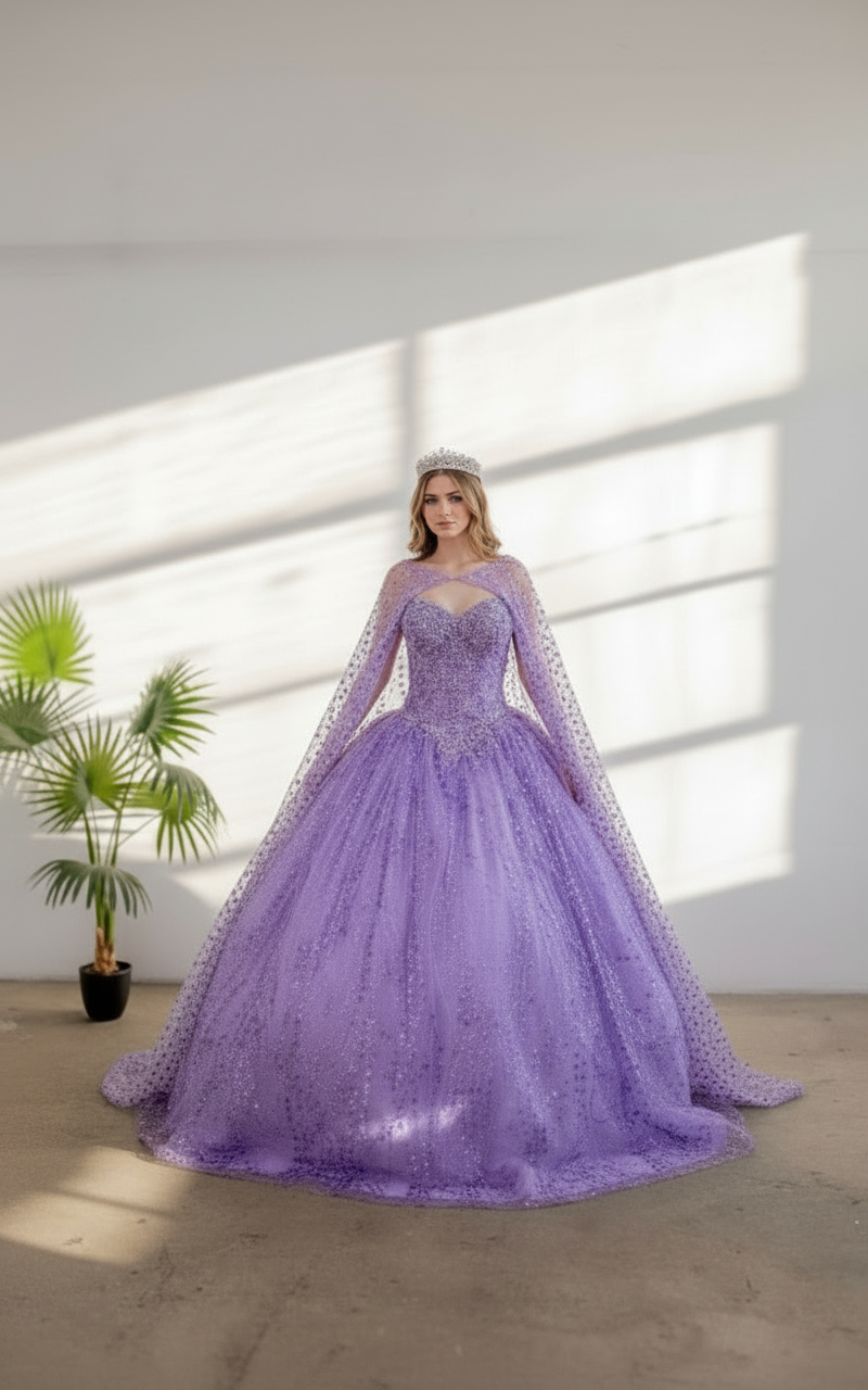 Applique Off Shoulder Cape Ball Gown by Calla SCL-30003