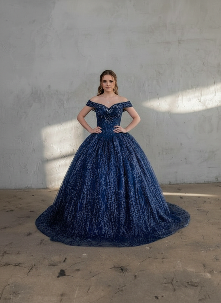 Applique Off Shoulder Cape Ball Gown by Calla SCL-30003