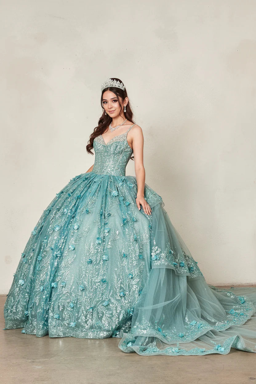 3D Floral V-Neck Tiered Ball Gown by Calla SCL-30029