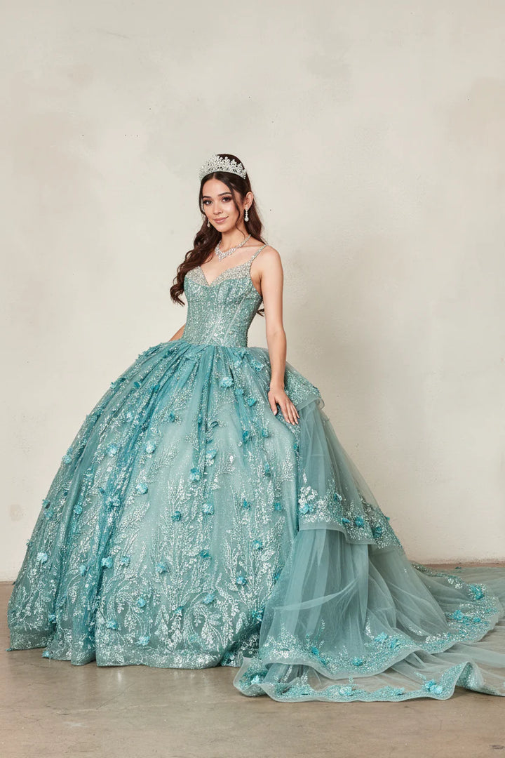 3D Floral V-Neck Tiered Ball Gown by Calla SCL-30029