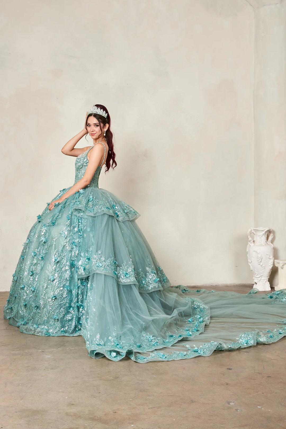 3D Floral V-Neck Tiered Ball Gown by Calla SCL-30029