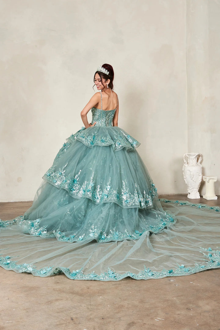 3D Floral V-Neck Tiered Ball Gown by Calla SCL-30029
