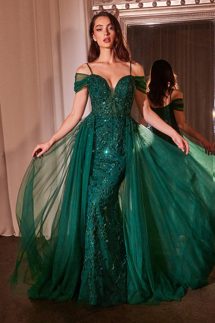 Applique Cold Shoulder Tulle Overskirt Gown by Ladivine SF009 - Outlet