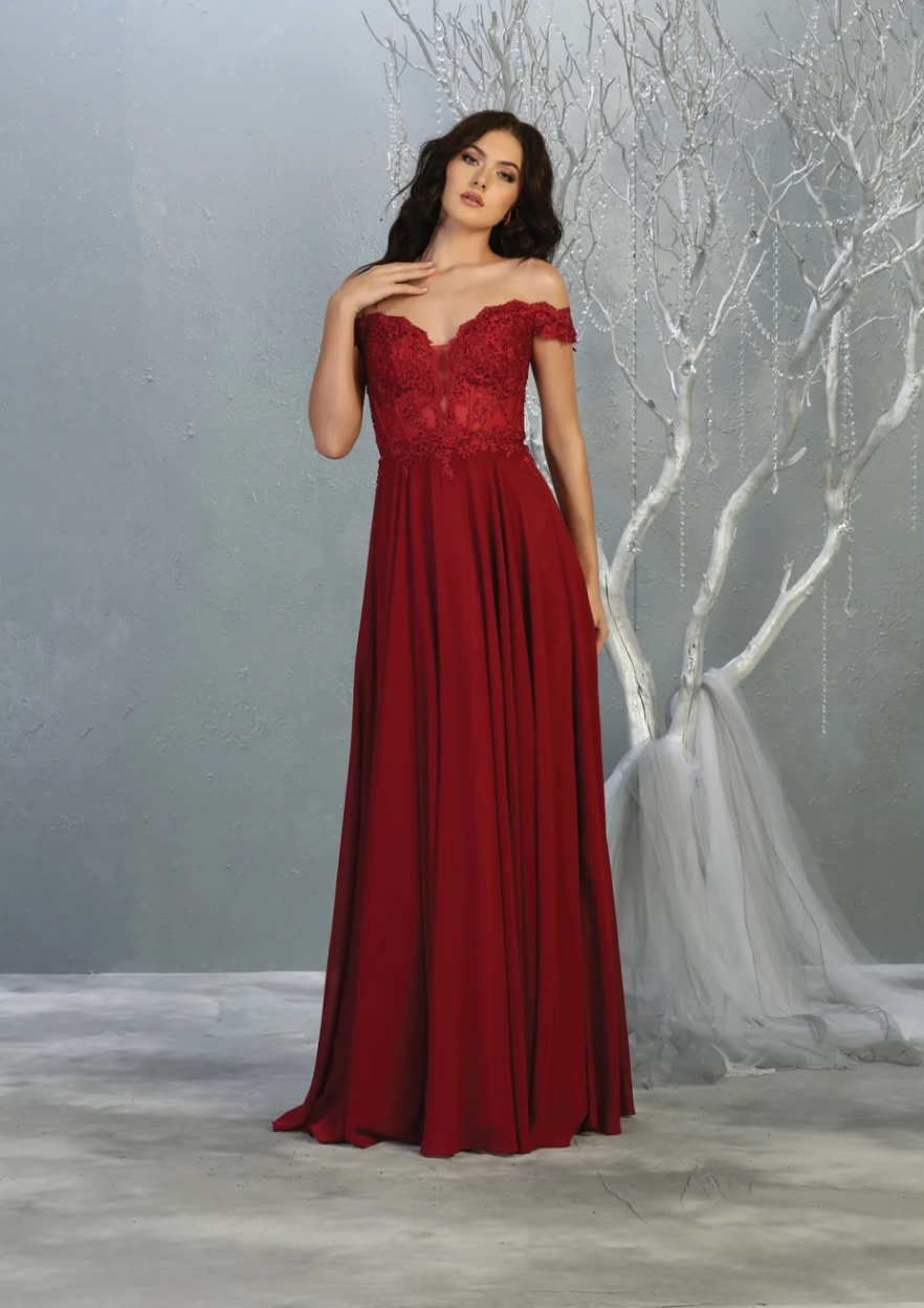 Applique Off Shoulder A-line Gown by May Queen MQ1714