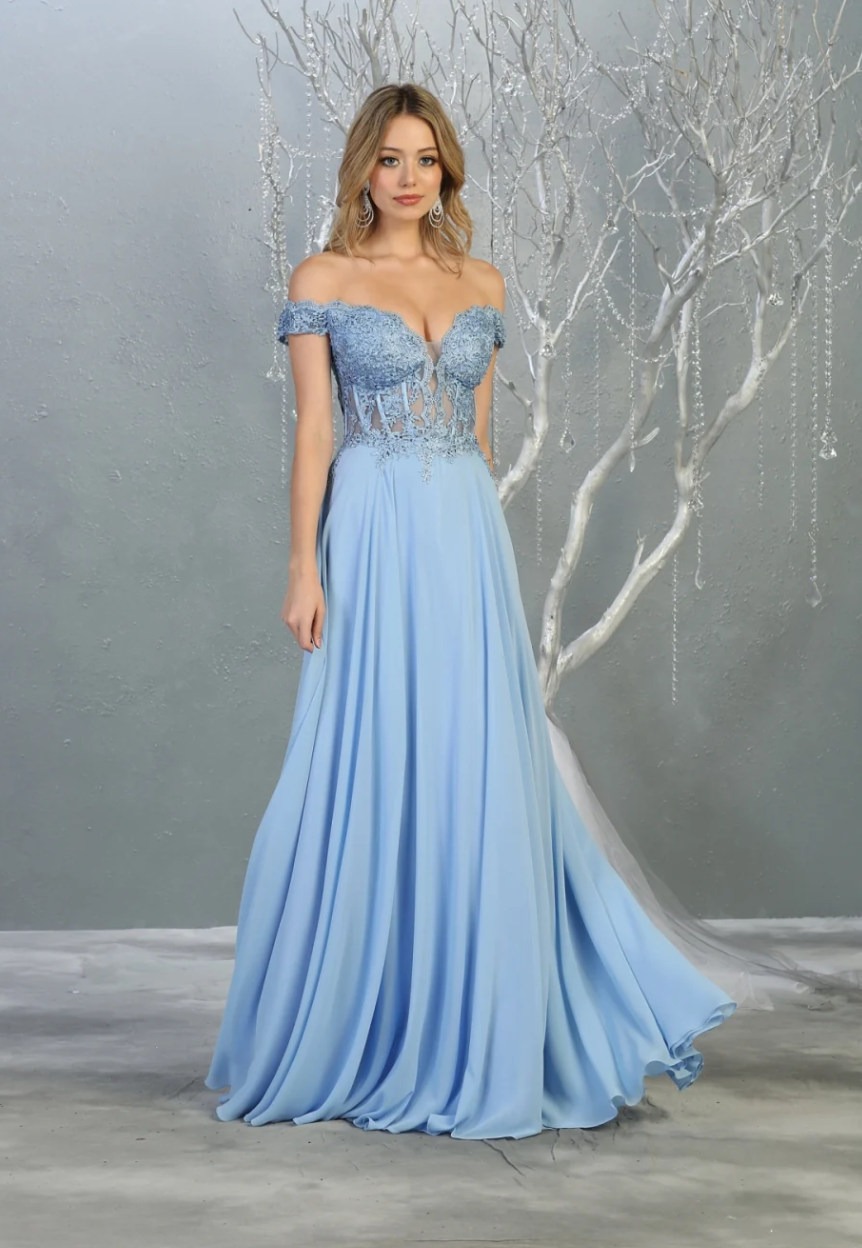 Applique Off Shoulder A-line Gown by May Queen MQ1714