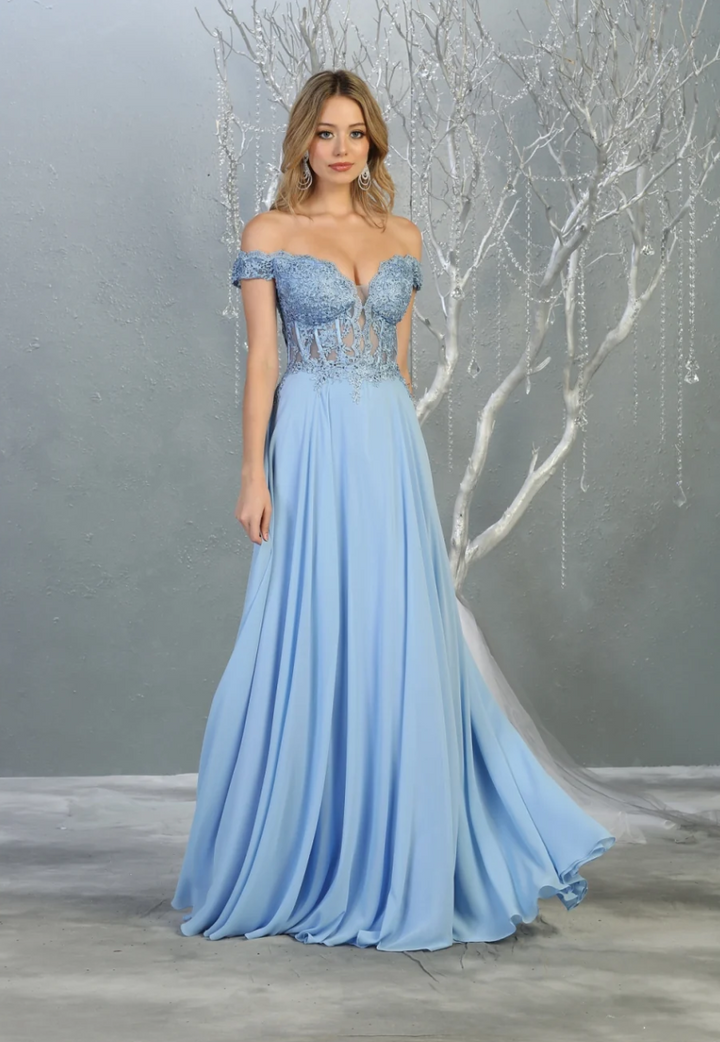 Applique Off Shoulder A-line Gown by May Queen MQ1714