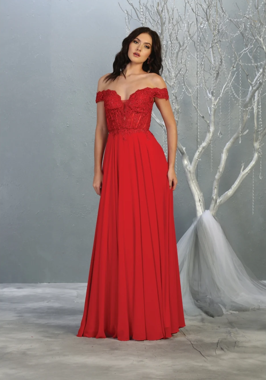 Applique Off Shoulder A-line Gown by May Queen MQ1714