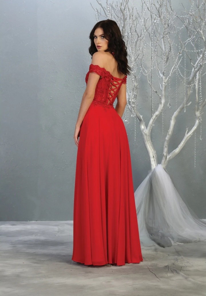 Applique Off Shoulder A-line Gown by May Queen MQ1714
