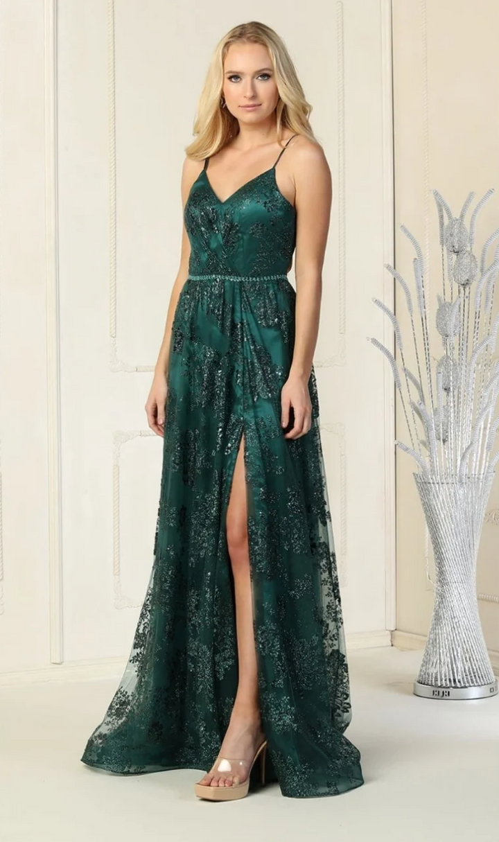 Glitter V-Neck A-line Slit Gown by May Queen MQ1787