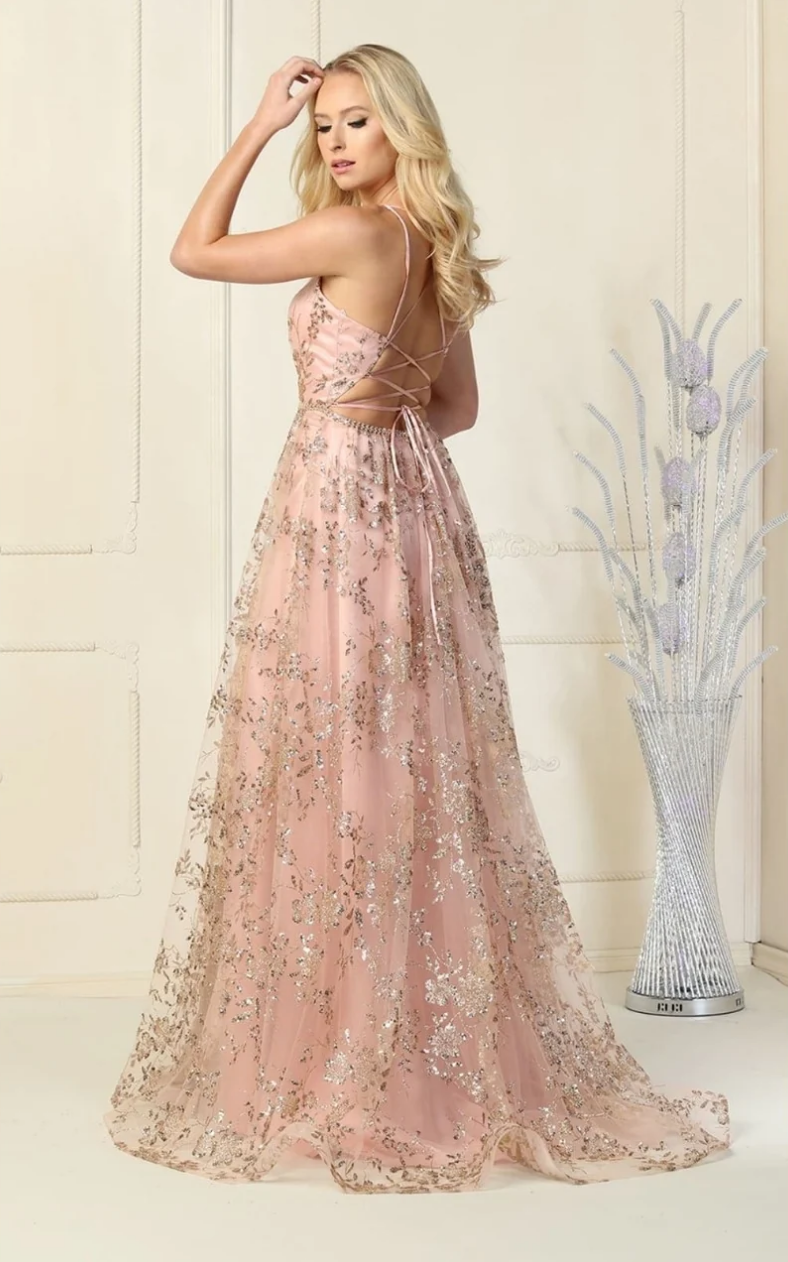 Glitter V-Neck A-line Slit Gown by May Queen MQ1787