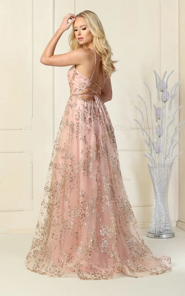 Glitter V-Neck A-line Slit Gown by May Queen MQ1787