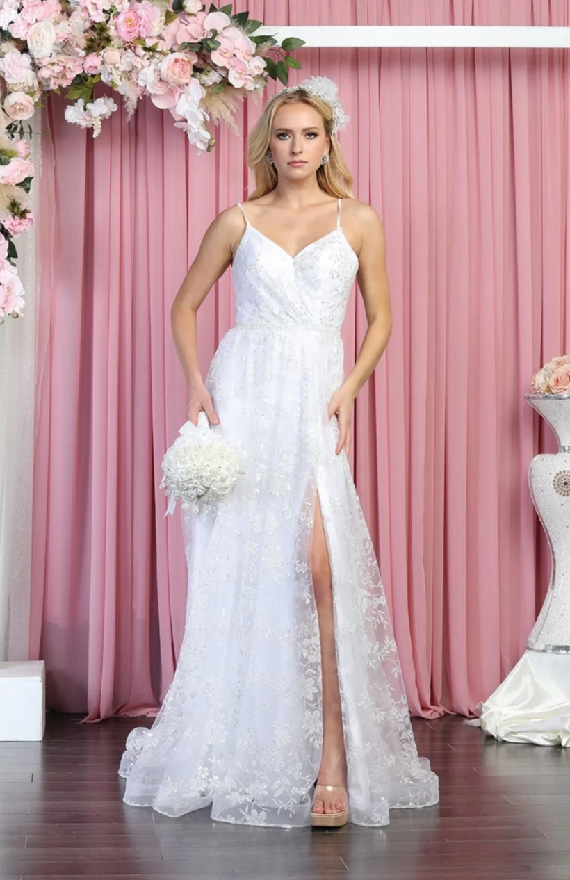 Glitter V-Neck A-line Slit Gown by May Queen MQ1787