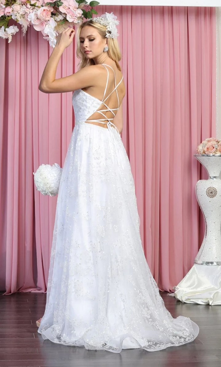 Glitter V-Neck A-line Slit Gown by May Queen MQ1787