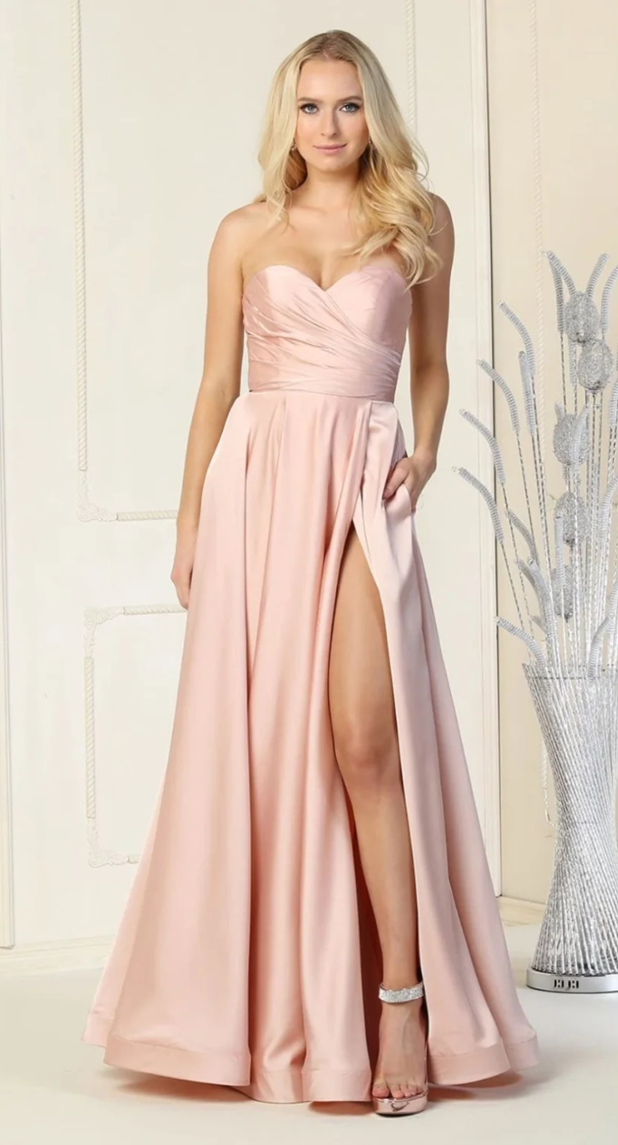 Satin Strapless A-line Slit Gown by May Queen MQ1846