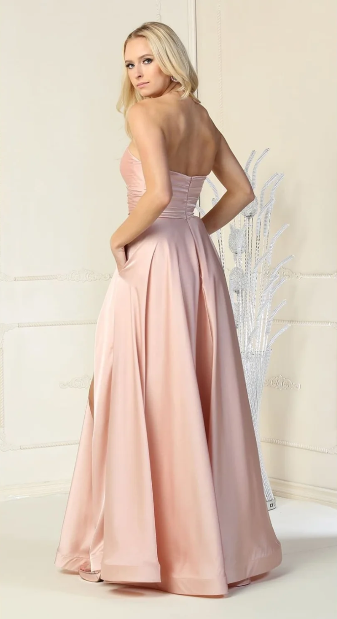 Satin Strapless A-line Slit Gown by May Queen MQ1846