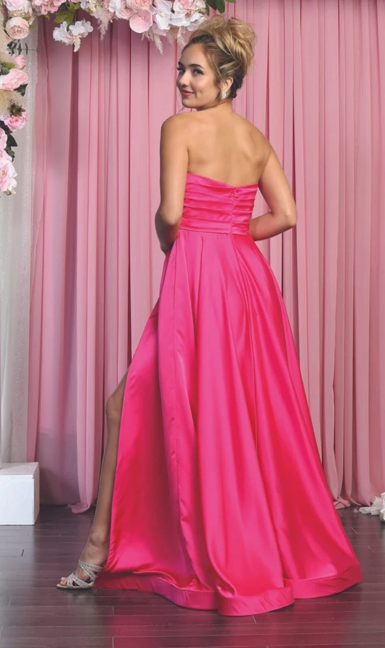Satin Strapless A-line Slit Gown by May Queen MQ1846