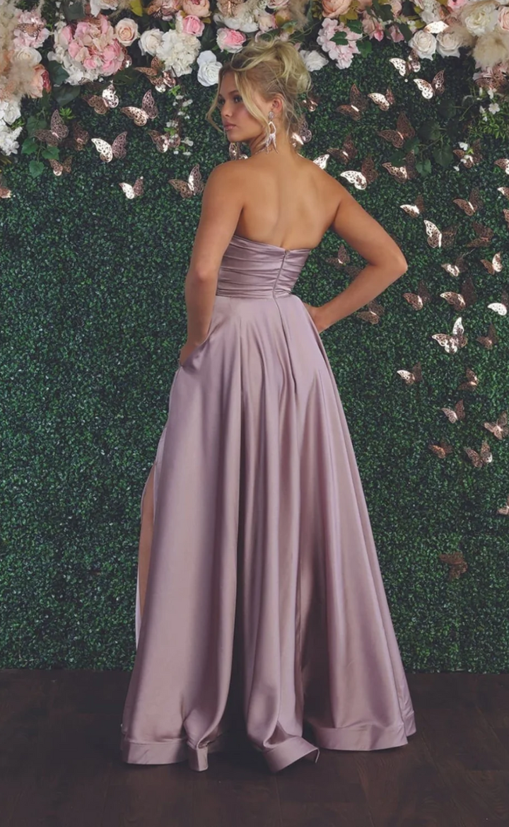 Satin Strapless A-line Slit Gown by May Queen MQ1846