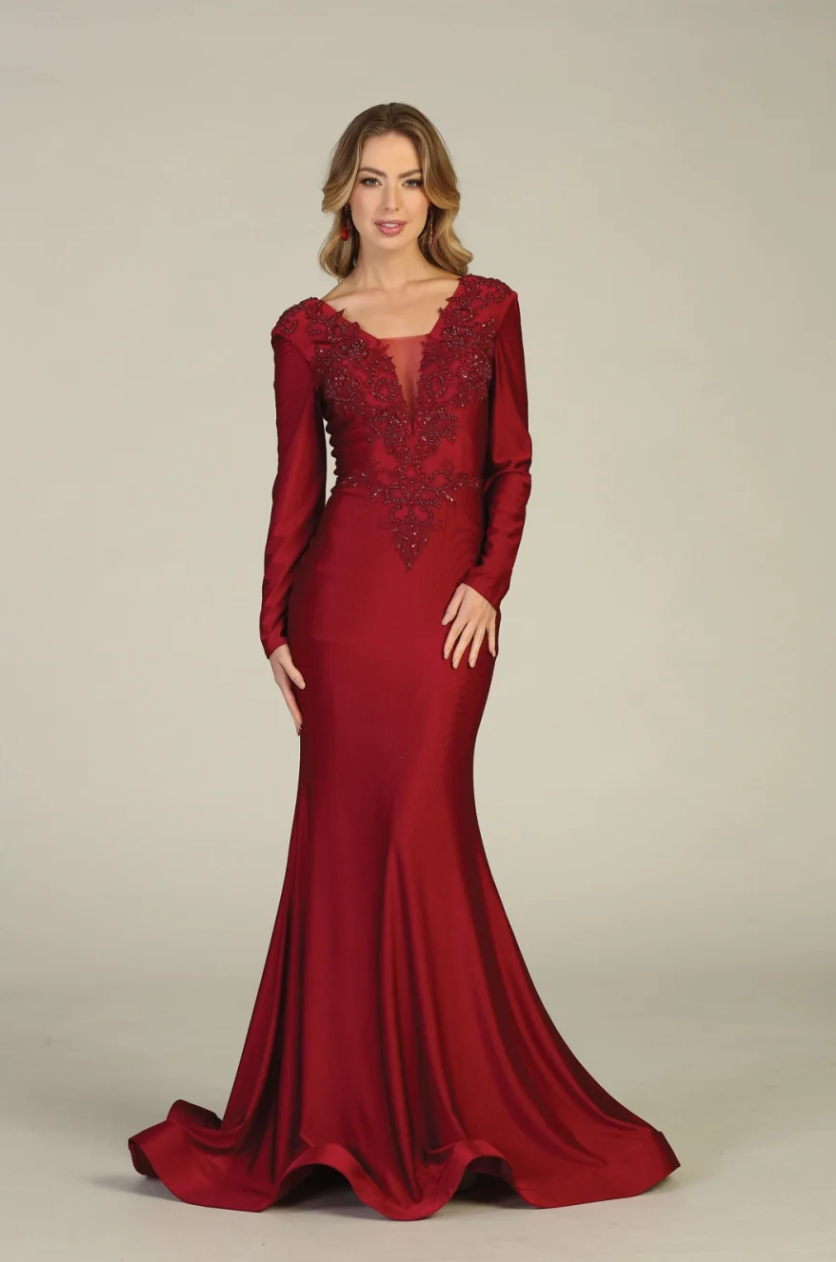 Applique Long Sleeve Mermaid Dress by May Queen MQ1772