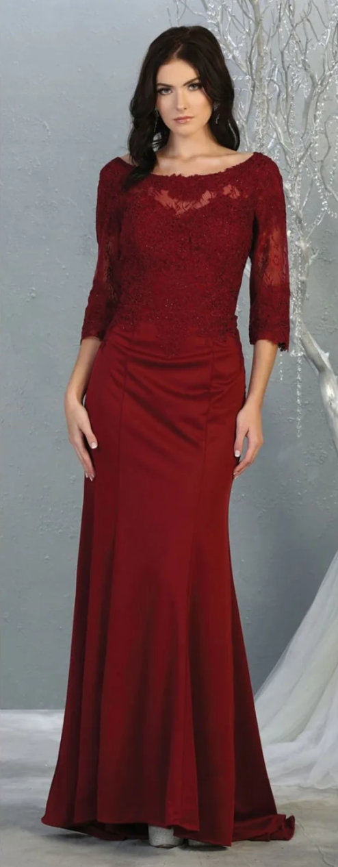Applique Fitted 3/4 Sleeve Gown by May Queen MQ1810