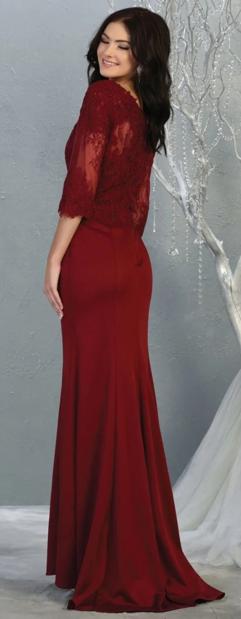 Applique Fitted 3/4 Sleeve Gown by May Queen MQ1810