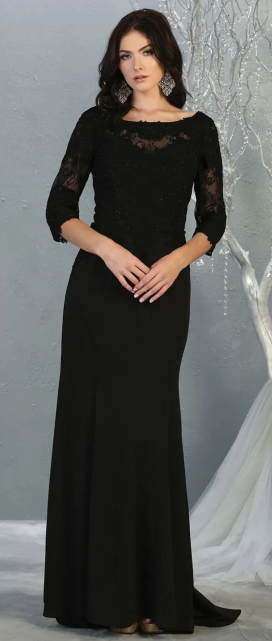 Applique Fitted 3/4 Sleeve Gown by May Queen MQ1810