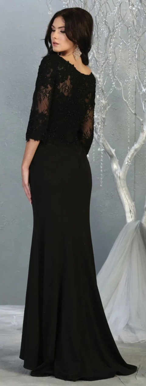 Applique Fitted 3/4 Sleeve Gown by May Queen MQ1810