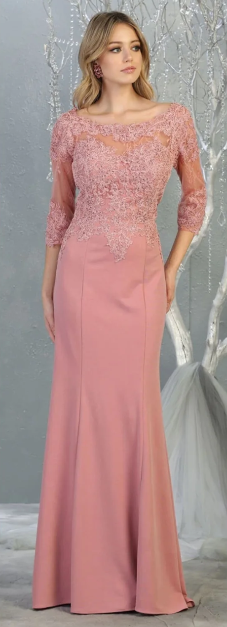 Applique Fitted 3/4 Sleeve Gown by May Queen MQ1810