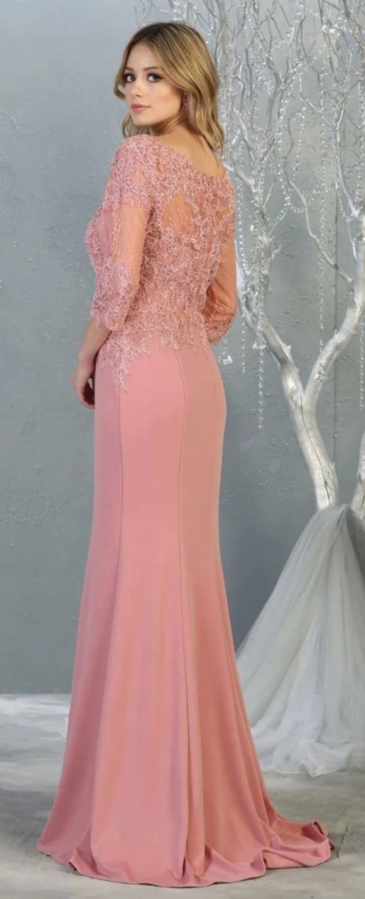 Applique Fitted 3/4 Sleeve Gown by May Queen MQ1810