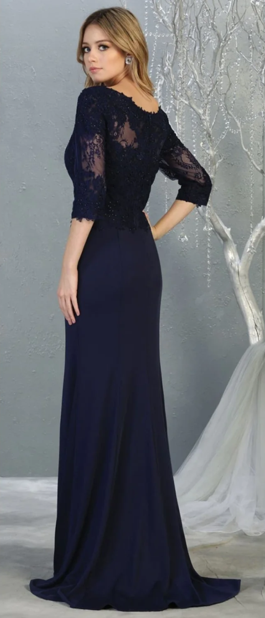 Applique Fitted 3/4 Sleeve Gown by May Queen MQ1810