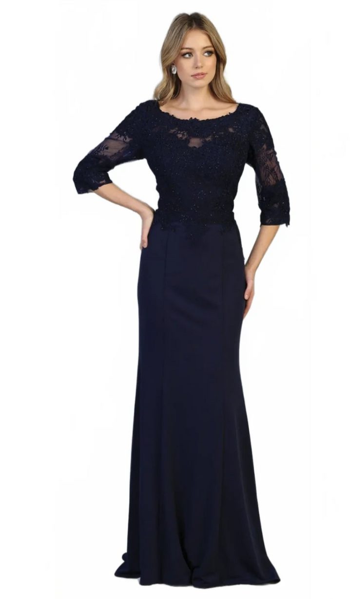 Applique Fitted 3/4 Sleeve Gown by May Queen MQ1810
